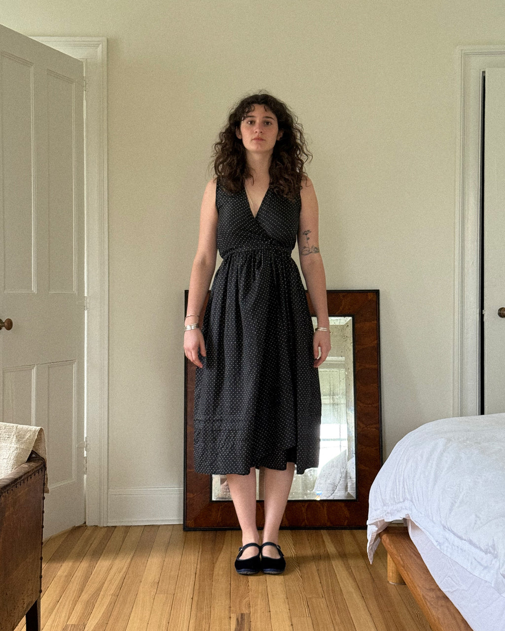 Injiri Black Dot Silk Amber 11  Wrap Dress