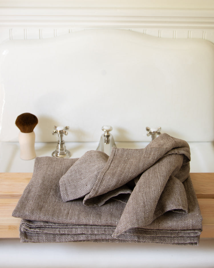 Herringbone Linen Bath and Hand Towel Light Brown