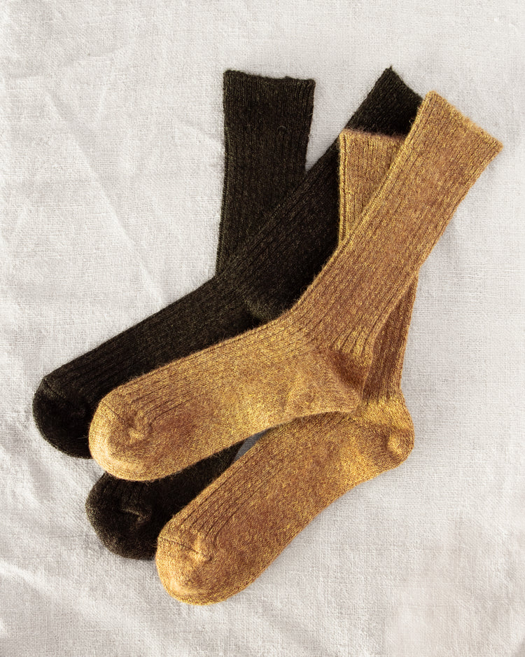 Yahae Alpaca Linen Ribbed Socks Yellow x Brown