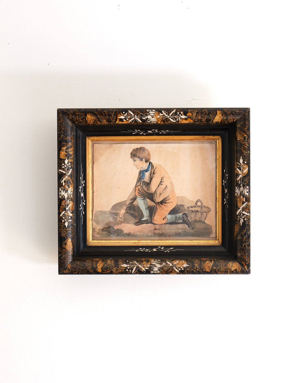 "A Boy Angling" Framed Watercolor Drawing