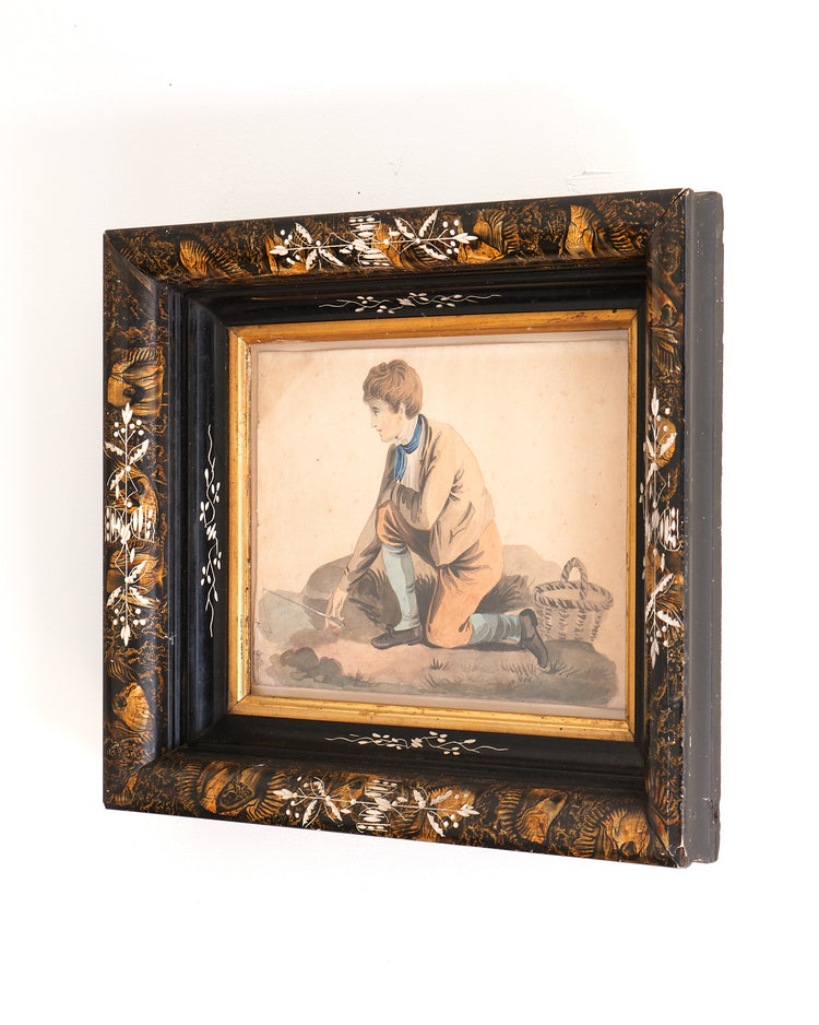 "A Boy Angling" Framed Watercolor Drawing